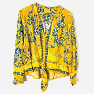 Anthropologie Maeve Yellow Blue Paisley Tie Front Blouse Western Print